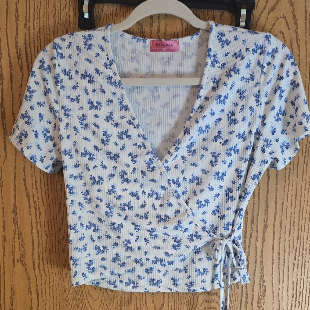 Ragdoll White and Blue Wrap Crop Blouse